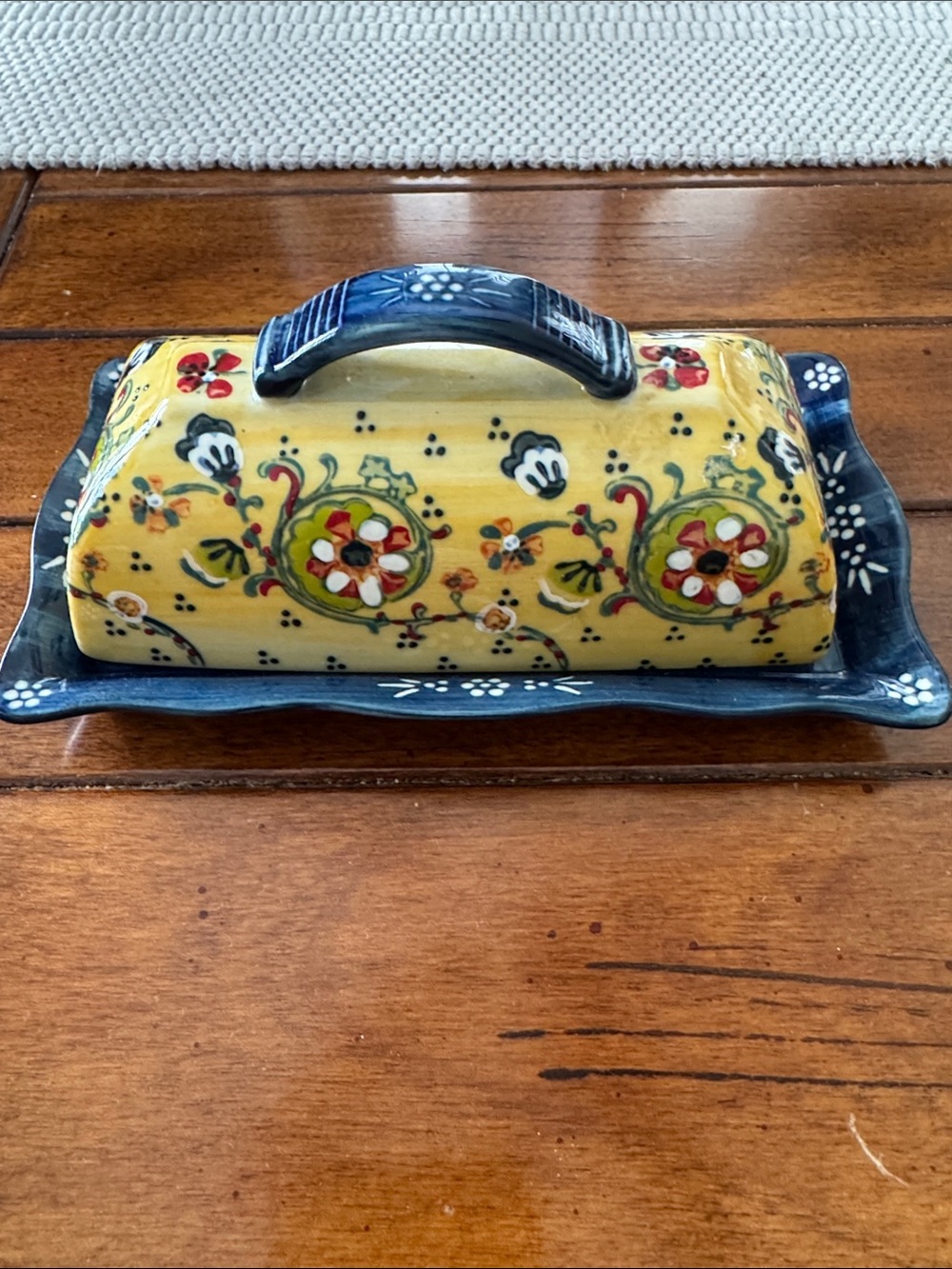 Anthropologie Yellow & Navy Hand-Painted Ceramic Butter Dish